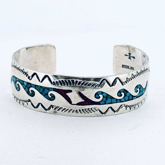 Estate Sterling Silver 925 Cuff Bracelet Turquoise Coral Inlay Navajo 25.5g 6" - Picture 1 of 11